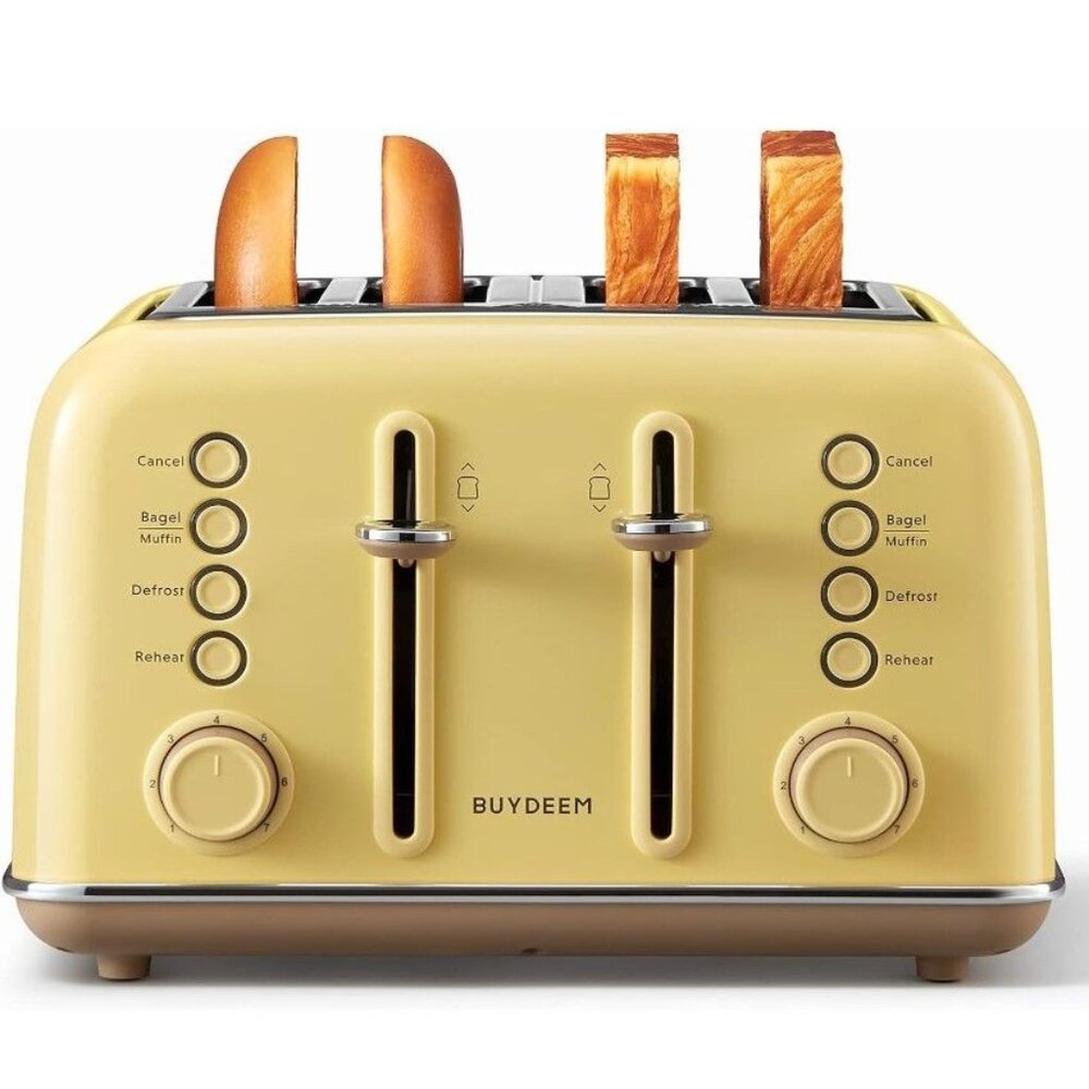 Buydeem 4 Slice Toaster Extra Wide Slots Retro Stainless Steel Toaster in Mellow
